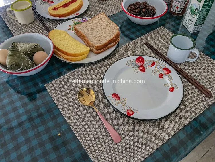 20cm Round Enamel Plate with Strawberry Decal for Dessert/Nuts/Fruit