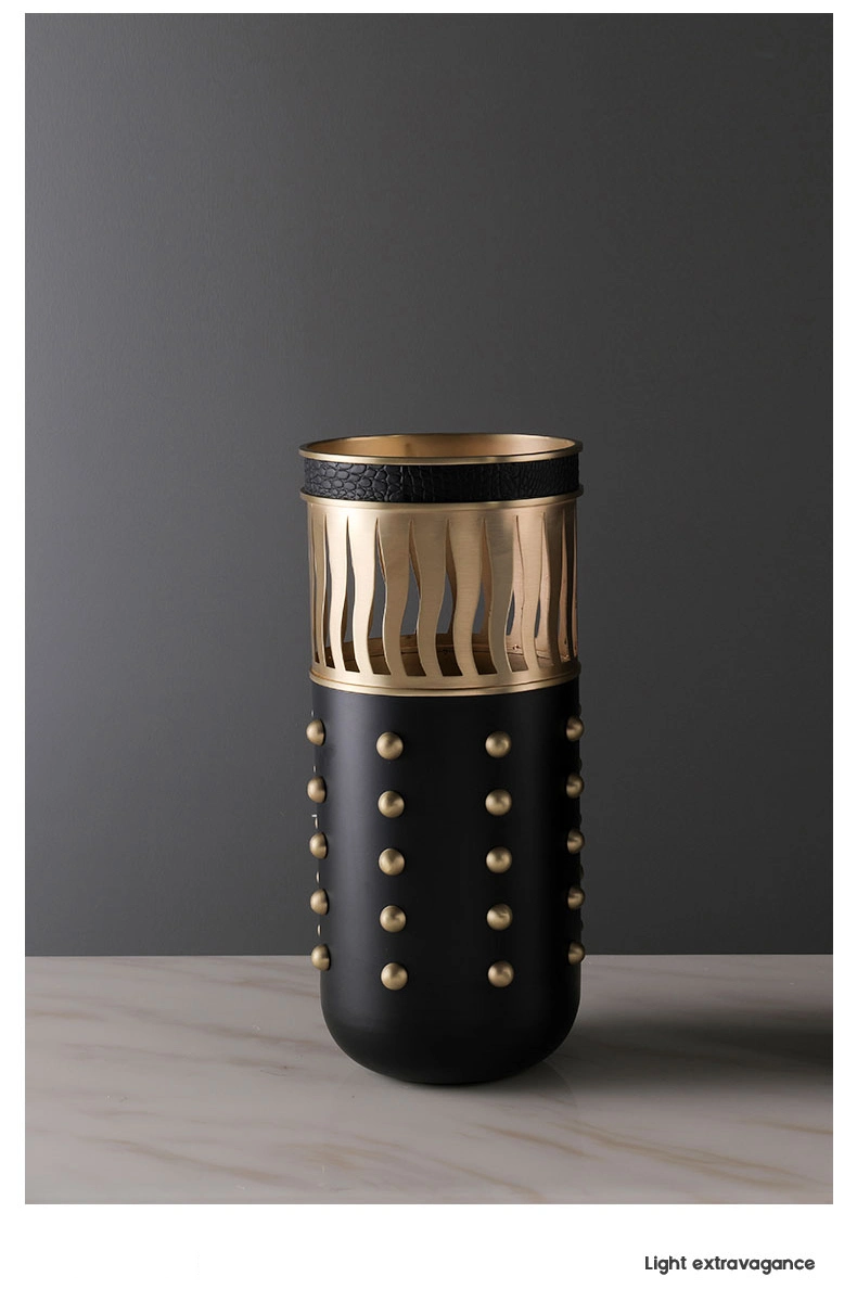 Modern European Style Metal Vase Black Leather Floral Vase for Living Room Bedroom Dining Room Decoration