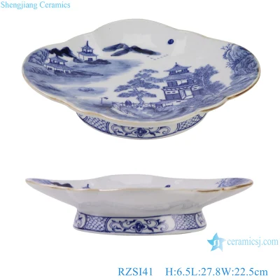 Jingdezhen Bleu et Blanc Porcelaine Paysage Motif Fleur Forme Ovale Pied Haut Assiette De Fruits En Céramique