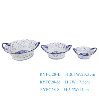 Porcelaine bleue et blanche évider panier de rangement en céramique assiette de fruits pour bonbons collations